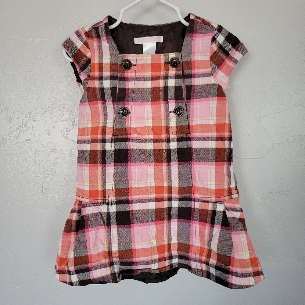 Janie and Jack Plaid Dress Baby Girl 12-18 Months Pink Orange Brown White Stripe